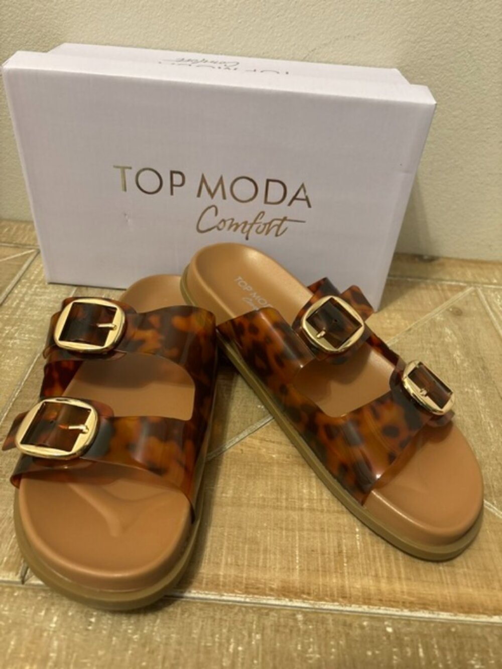 NEW Top Moda Daniela Clear Double Strap Slide Sandals Tortoise Size 7